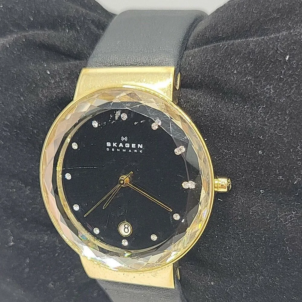 Skagen SKW2124 Womens Black Leather Analog Dial Quartz Genuine Wrist Watch AM736
